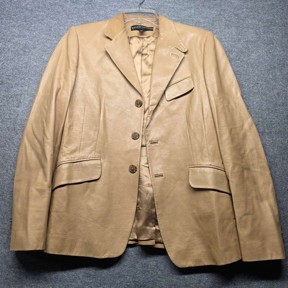 Ralph Lauren Women's Tan Calfskin Leather Blazer Jacket Size 12 Made in Italy